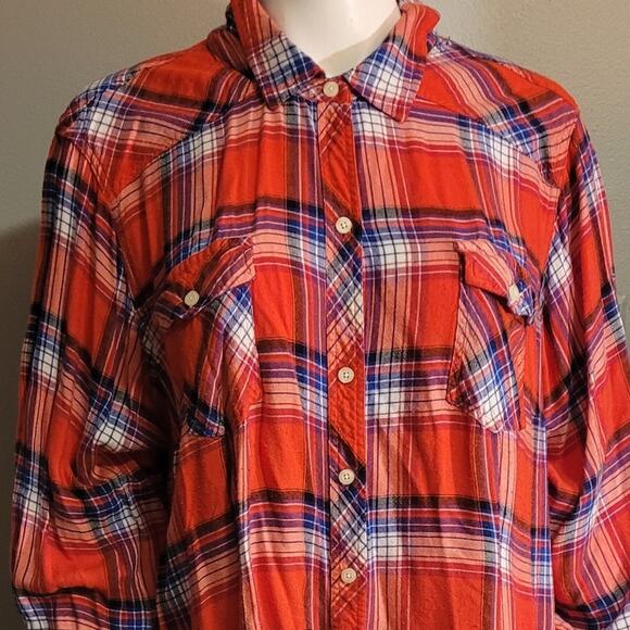 Torrid Plaid Button Front Shirt Women 4X Plus Long Sleeve Red Blue Rayon Casual - Picture 2 of 10
